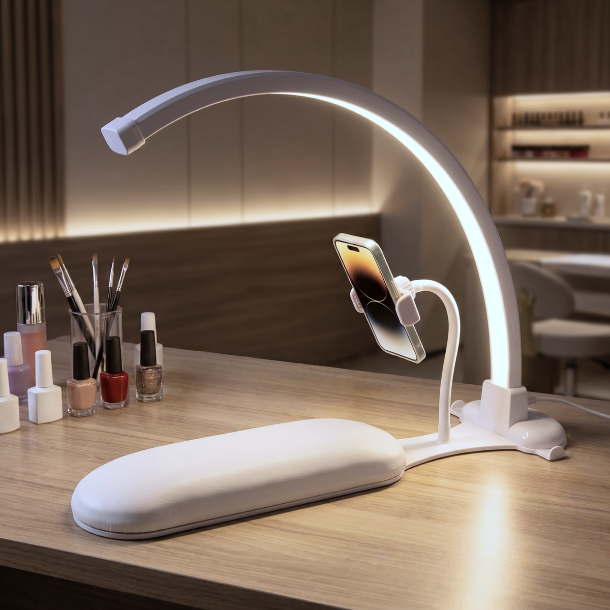 NOVAL 3-in-1 Half Moon Nail Desk Lamp with Hand Rest & Phone Holder