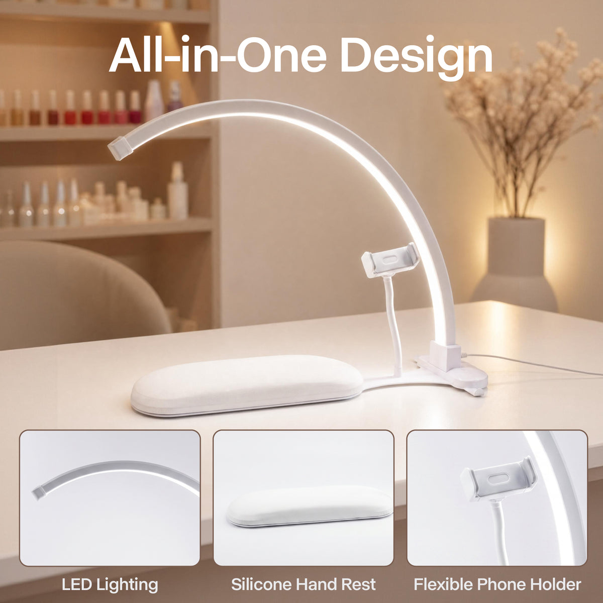 NOVAL 3-in-1 Half Moon Nail Desk Lamp with Hand Rest & Phone Holder