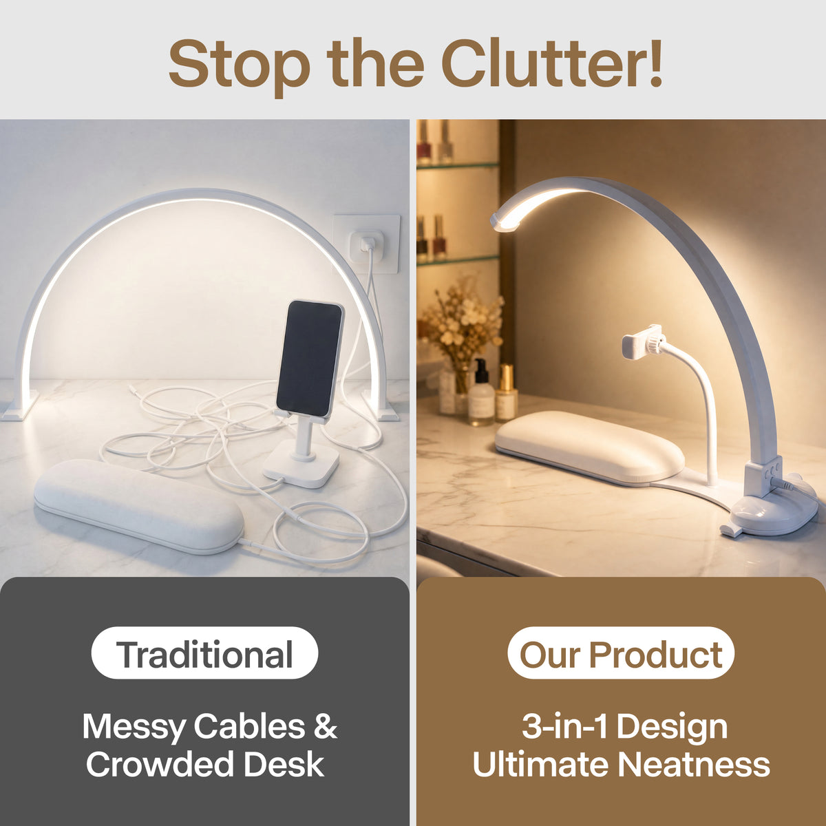 NOVAL 3-in-1 Half Moon Nail Desk Lamp with Hand Rest & Phone Holder