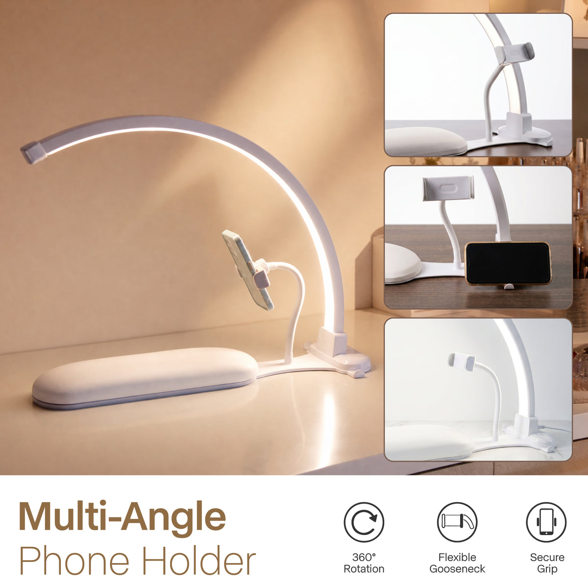 NOVAL 3-in-1 Half Moon Nail Desk Lamp with Hand Rest & Phone Holder