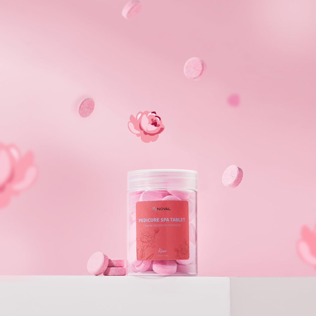 NOVAL rose pedicure spa tablets with rose-inspired pink presentation