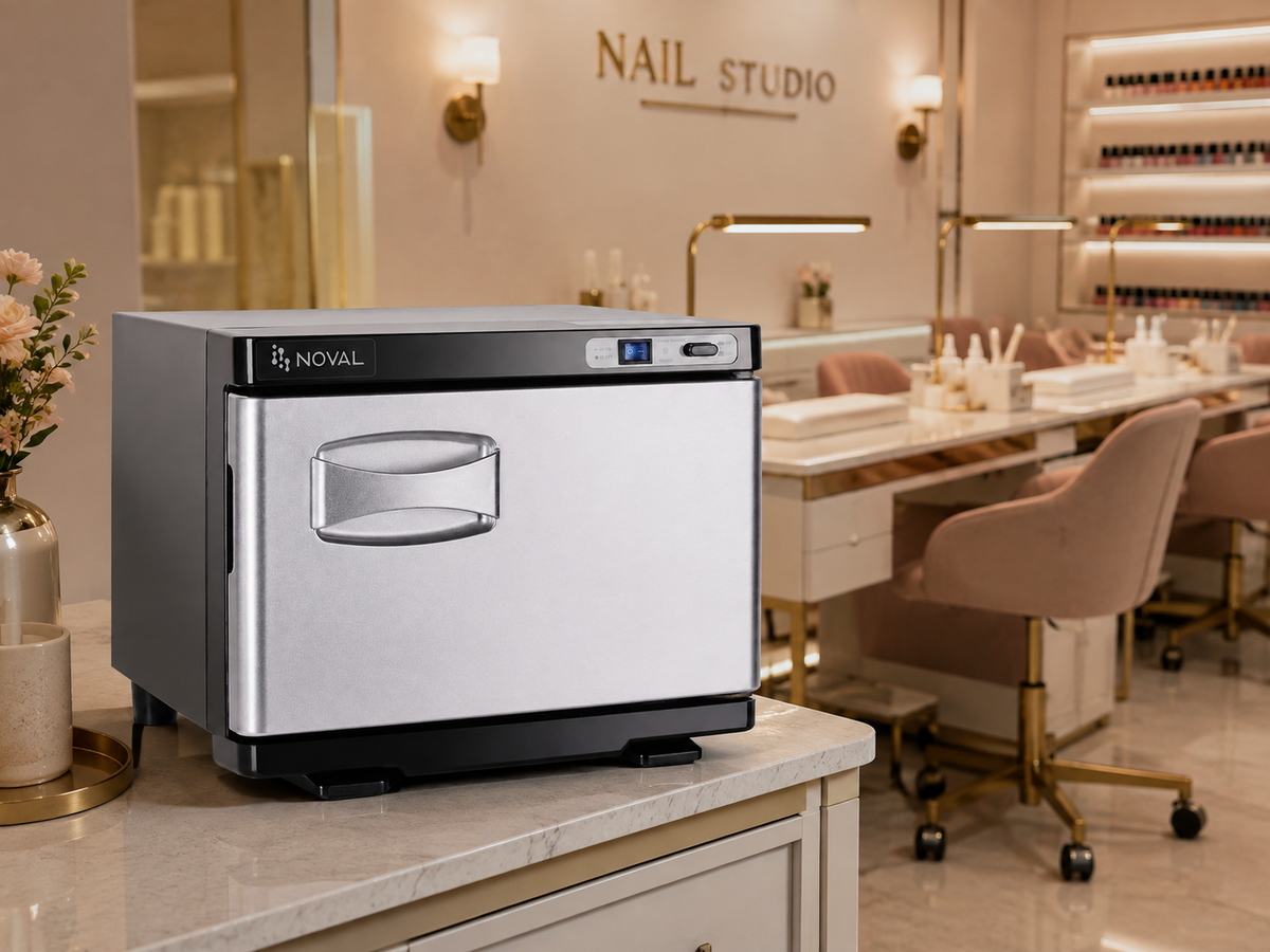 NOVAL 8L towel warmer in a professional nail studio setting